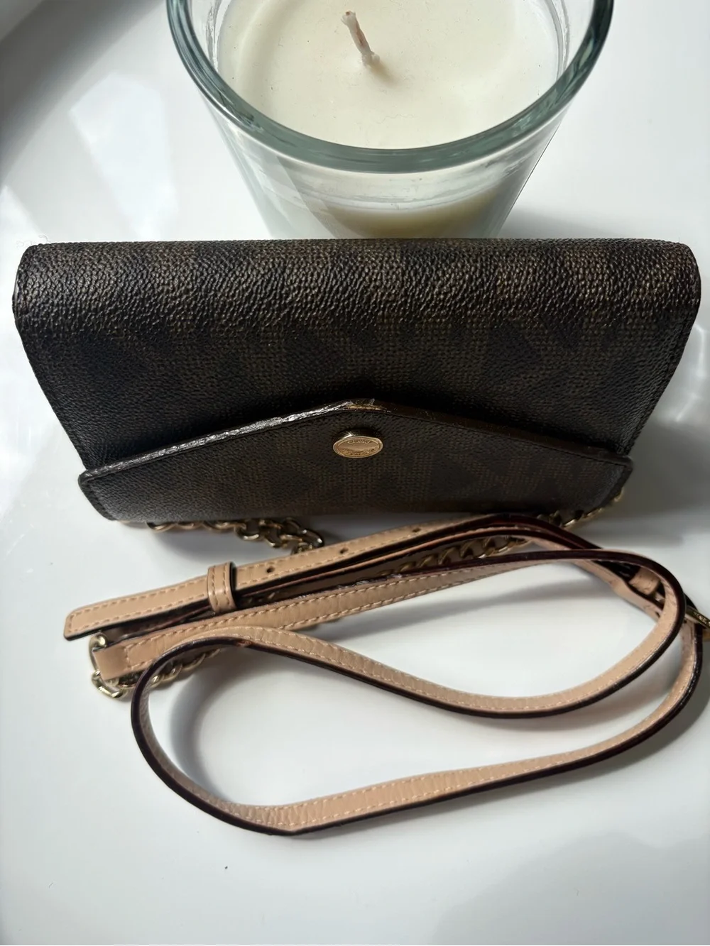Michael Kors Signature MK Wallet on Chain Envelope Crossbody/Clutch Brown Gold